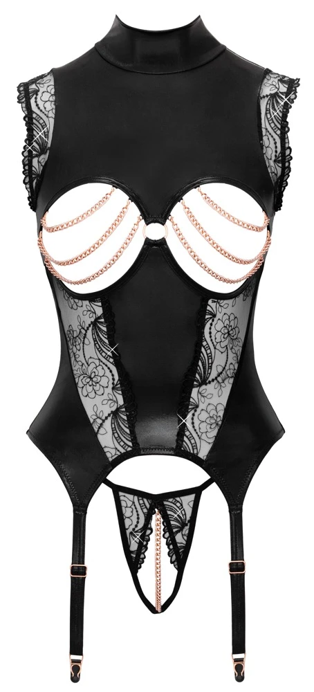 3-teiliges Straps-Set mit Hebe-BH Strapsgürtel Ouvert-String Mattlook Spitze Herzanhänger Roségold Schwarz Abierta Fina