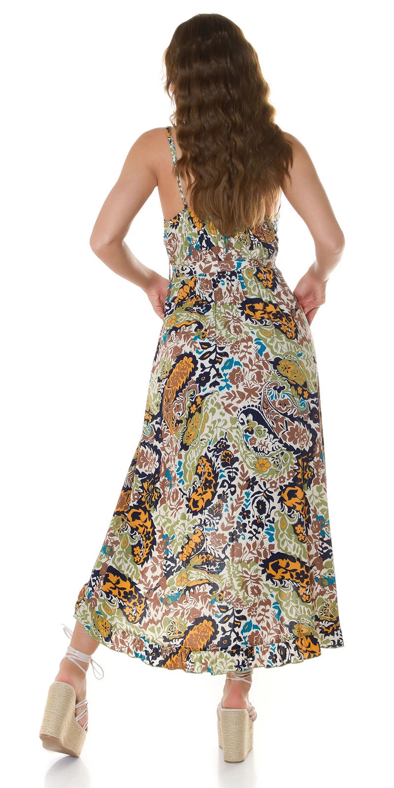 Fantasy Printed High Low Träger Viskose Kleid mit Wickel-V-Neck und Gürte Fantasy Printed High Low Träger Viskose Kleid mit Wickel-V-Neck und Gürte