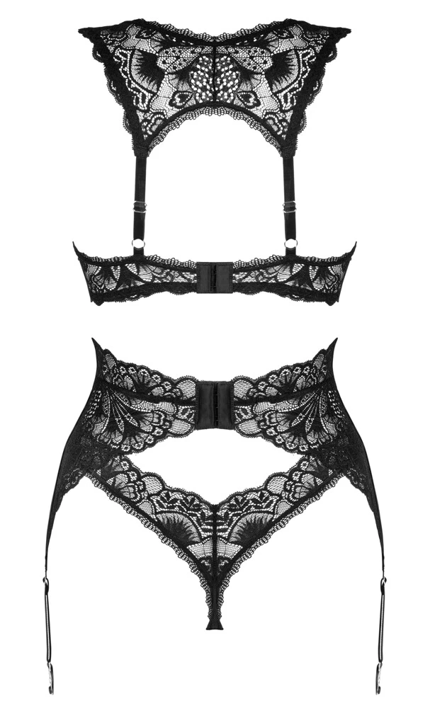 Obsessive 3-teiliges Dessous-Set Donna Dream von Obsessive bestehend aus Bügel-BH, Strapsgurt und Riostring in wunderschöner schwarzer Spitze.