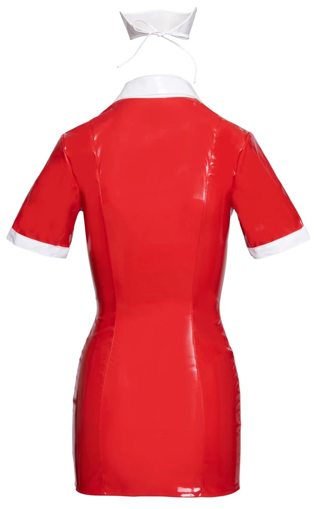 Kurzes Kleid von Black Level inklusive Haube. Halbarm-Kleid im roten Lackglanz mit weißen Kontrast-Details und schwarzem Kreuz-Emblem. Kurzes Kleid von Black Level inklusive Haube. Halbarm-Kleid im roten Lackglanz mit weißen Kontrast-Details und schwarzem Kreuz-Emblem.