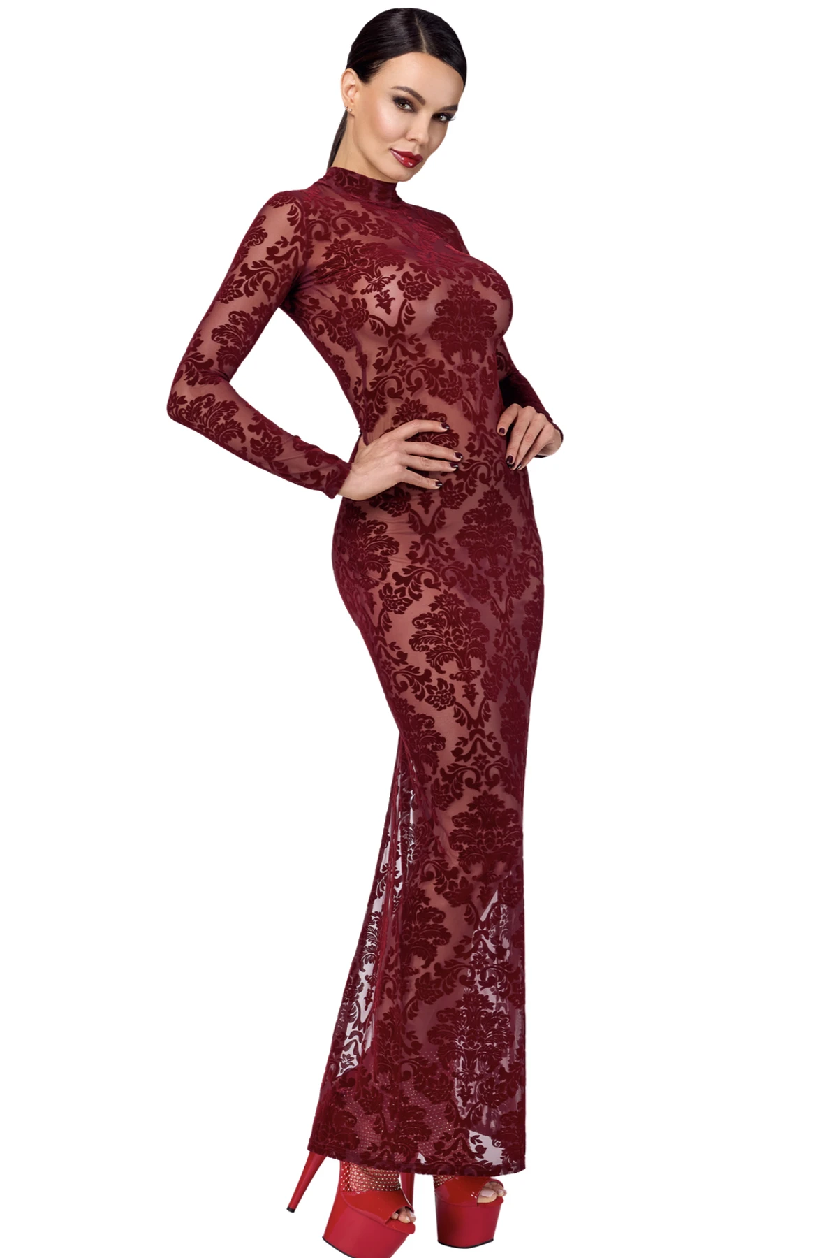 F383 Langes Flockkleid Kinky Royal aus weichem elastischem Tüll mit luxuriöser Flockstickerei, tiefem Rückenausschnitt, hohem Kragen mit Hakenverschluss und verführerischem Gehschlitz – von Noir Handmade