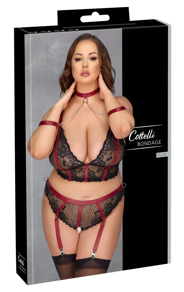 Cottelli Verführerisches Dessous-Set: Longline-BH und Straps-Slip mit Halsband und Fesseln
