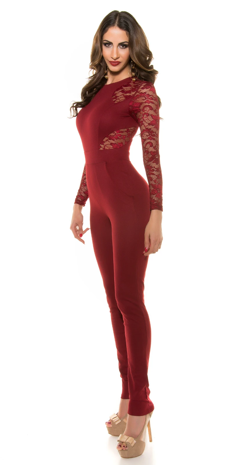 Cocktail Langarm Long Jumpsuit mit Deko Spitze und Zipper Cocktail Langarm Long Jumpsuit mit Deko Spitze und Zipper