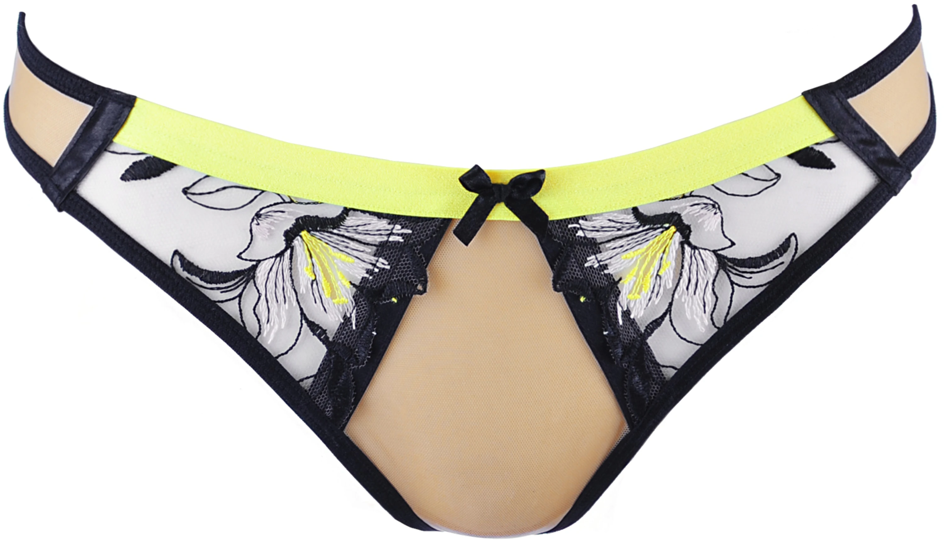 Axami V-10148 String neongelb transparenter Dessous-String mit Blumenstickerei und edlem Satinband