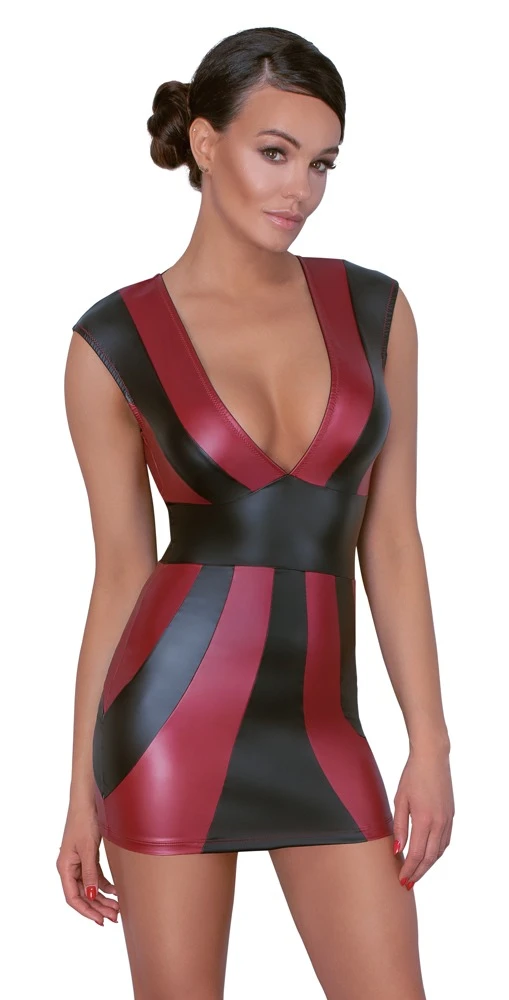 Cottelli PARTY Kleid rot/schwarz mit Streifen Minikleid Mattlook tiefer V-Ausschnitt