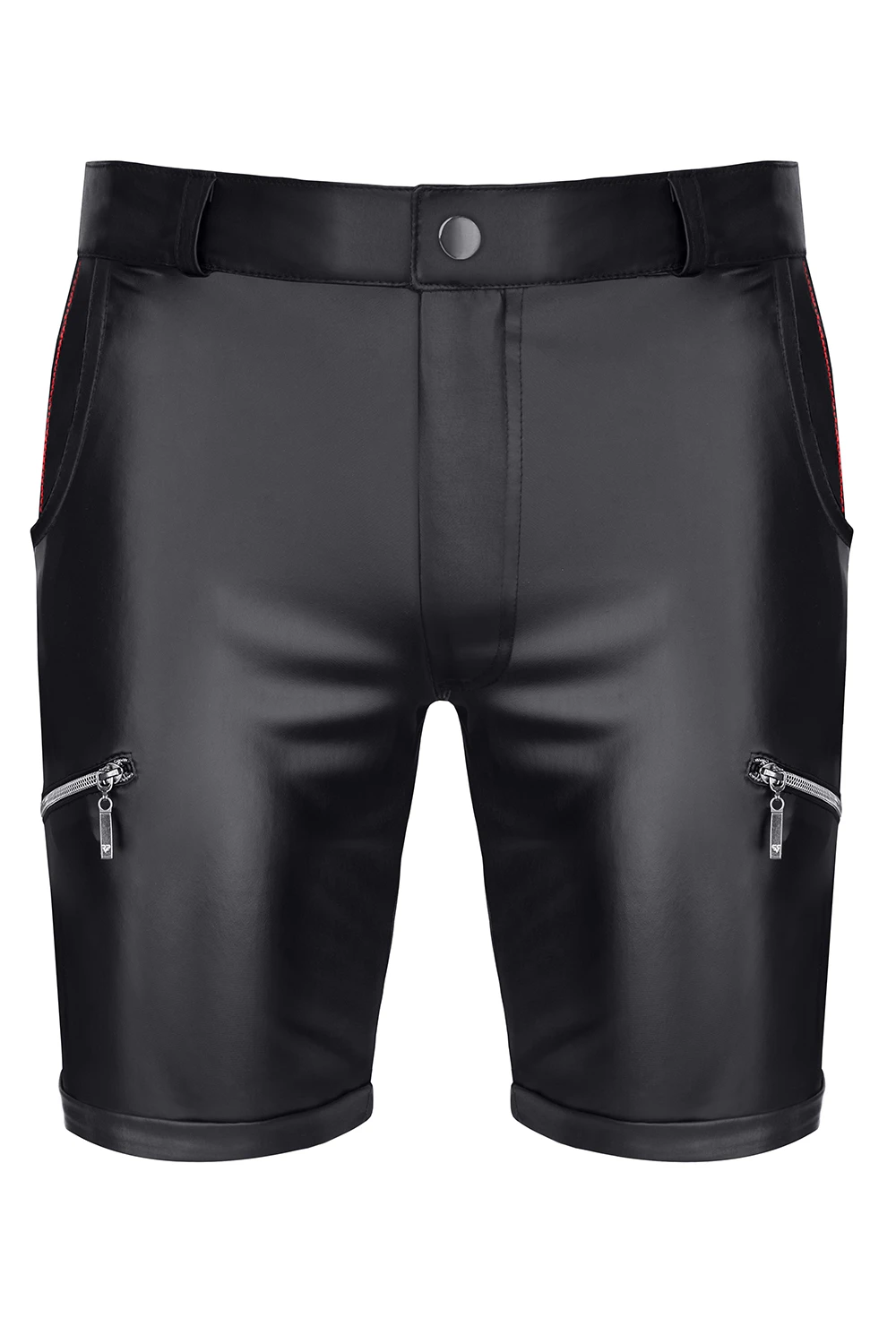 Lässige Herren Shorts aus schwarzem Wetlook – RMNorberto001 mit vier Taschen und rotem RFP-Logo für markanten Style von Regnes Fetish Planet Lässige Herren Shorts aus schwarzem Wetlook – RMNorberto001 mit vier Taschen und rotem RFP-Logo für markanten Style von Regnes Fetish Planet