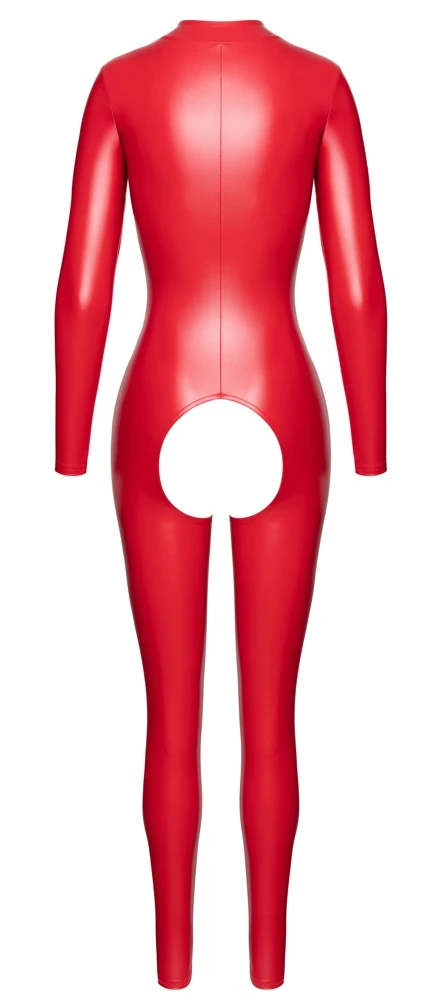 Roter Ouvert-Overall im Powerwetlook mit langem Reißverschluss, langen Armen und Beinen sowie offenem Schritt von Noir Handmade