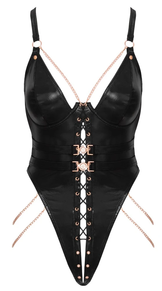 Stringbody Wetlook schwarz mit aufknöpfbaren Bügel-Cups, Schnürung, Strass, abnehmbaren Ketten und Roségold-Details – Abierta Fina