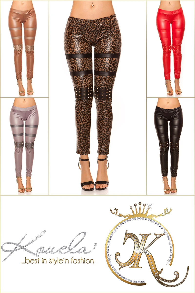 Funky Leder-Look Leggings mit Deko Streifen und Nieten