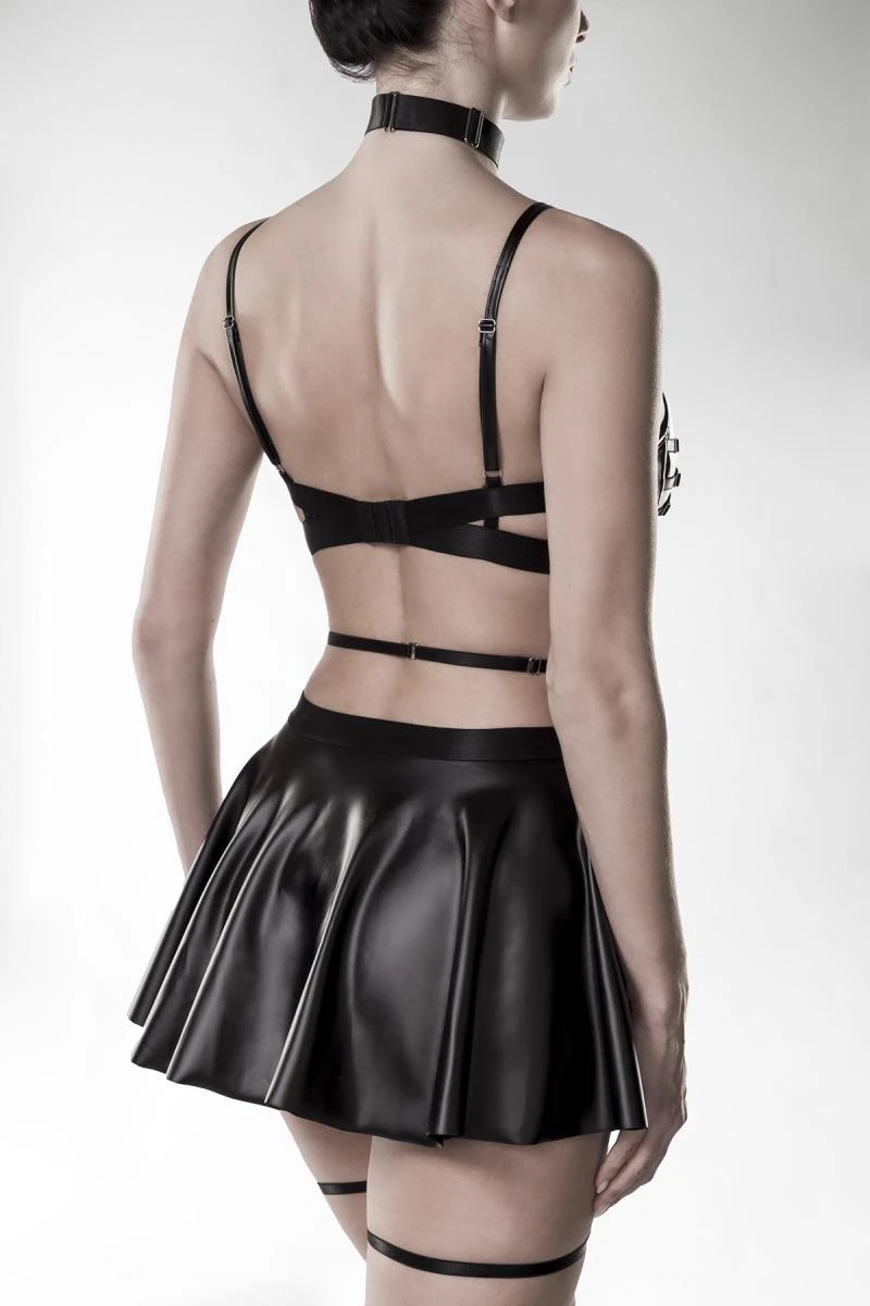 Kinky 4-teiliges Wetlook-Dessous-Set von Grey Velvet mit Halsband, Bügel-BH, Rock mit Strumpfhaltern und heißen Details
