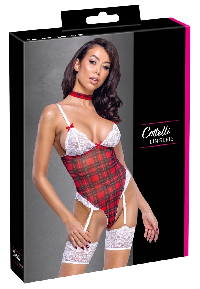 Frech & verspielt im Karo-Look – Straps-Body mit Halsband von Cottelli, verziert mit Spitze und Schleifchen!