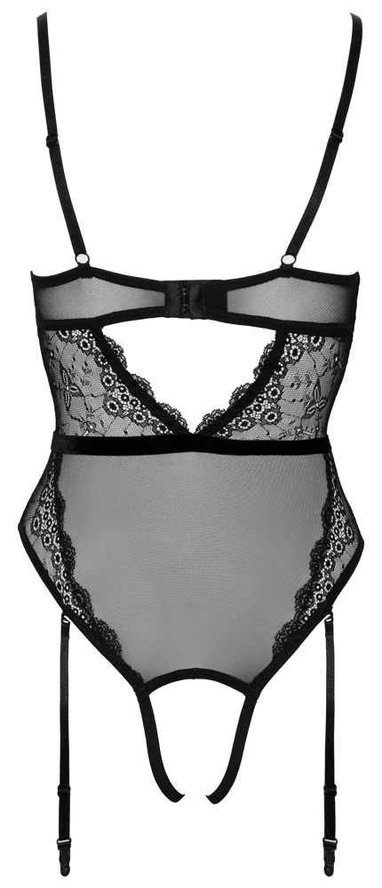 Cottelli LINGERIE Ouvert Stringbody mit 4 abnehmbaren Strapsen mit Perlenkette im Schritt
