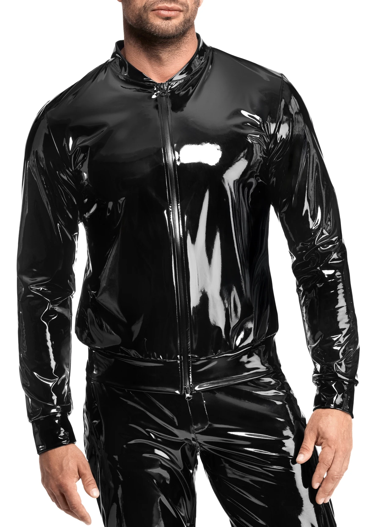 Herren Kinky Lack Jacke H092 aus glänzendem, dehnbarem Material mit breitem Bund, schwarzem Front-Reißverschluss und funktionalem 2-Wege-Zip für markante Styles von Noir Handmade Men
