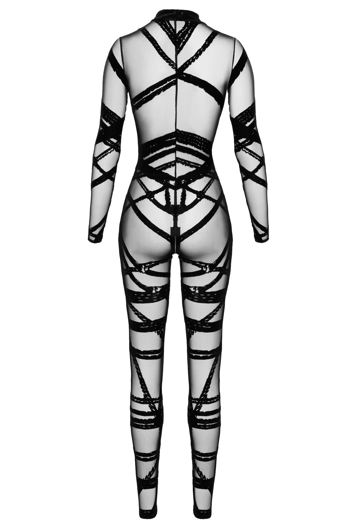 Bondesque Kinky Catsuit Noir Handmade F357 aus weichem, elastischem Tüll mit Shibari-Flock, langen Ärmeln und praktischem Drei-Wege-Reißverschluss für einen kraftvollen, stilvollen Look
