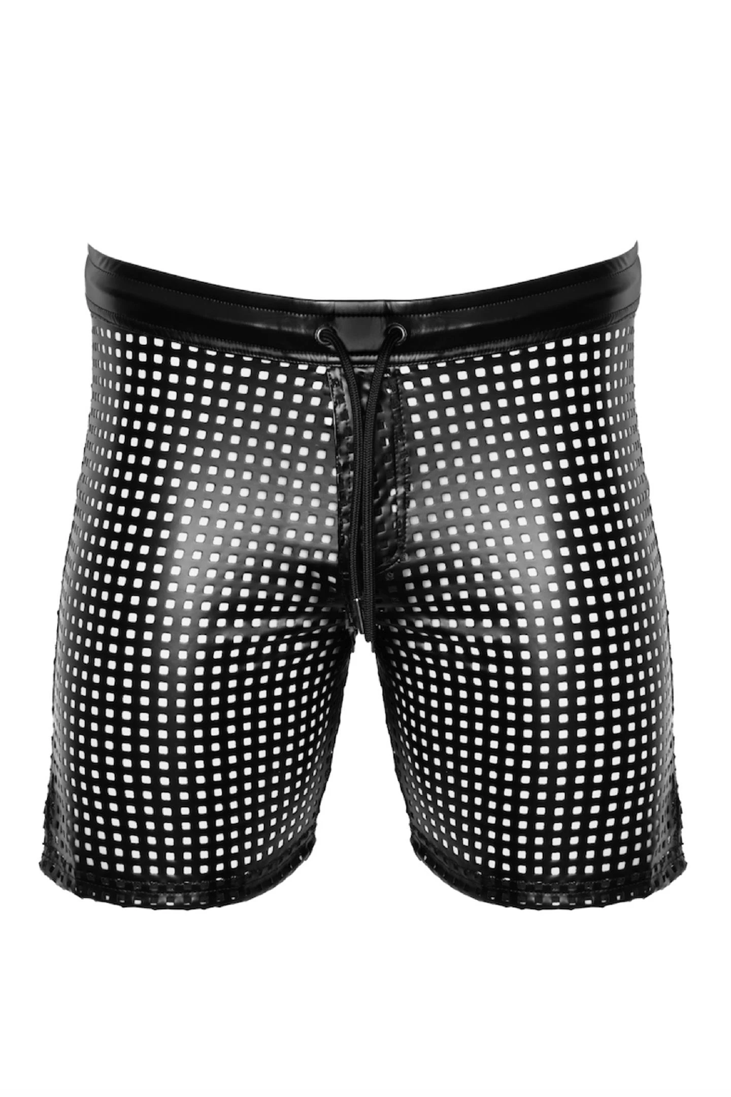Erotische Shorts aus hochwertigem Power Wetlook-Gewebe mit perforiertem Muster, Reißverschluss und elastischem Bund, schwarze Noir Shorts H077