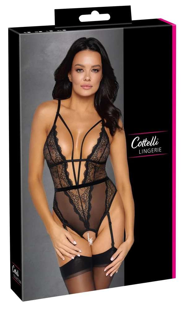 Cottelli LINGERIE Ouvert Stringbody mit 4 abnehmbaren Strapsen mit Perlenkette im Schritt