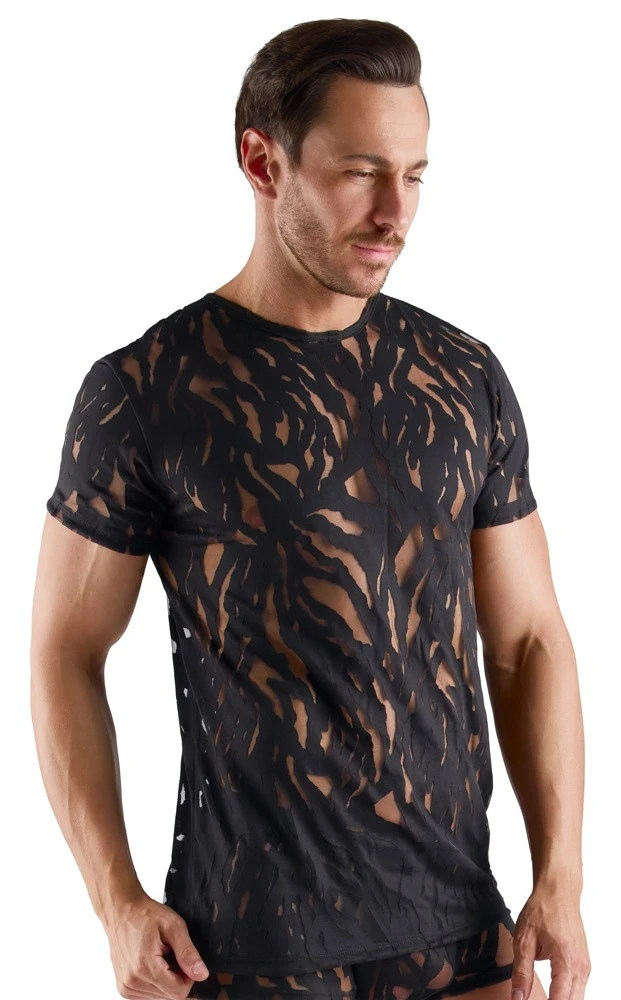 Herren Kurzarm-Shirt schwarz Ausbrenner-Optik transparent weich elastisch figurbetont stylisch anschmiegsam mit Wow-Effekt von Svenjoyment