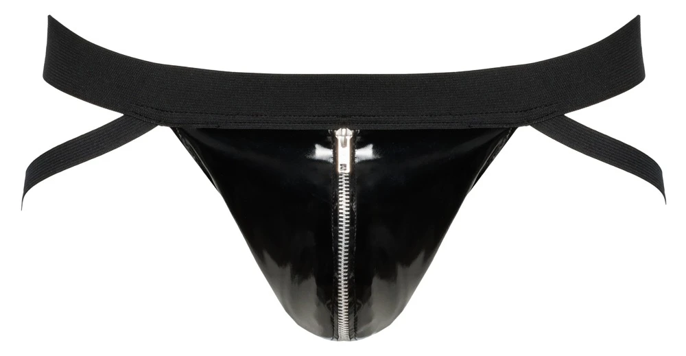 Schwarzer Lack-Jock von Black Level mit breitem, bequemem Webgummi-Bund und komfortablen Webgummi-Riemen. Mit Reißverschluss im Beutel.