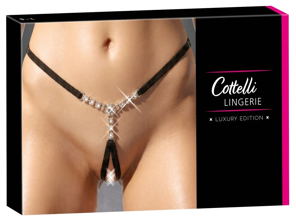 Cottelli LINGERIE Schmuckstring Ouvert – erotischer Strass-String mit Y-Schmuckdetail, offenem Schritt & verstellbarem Bund