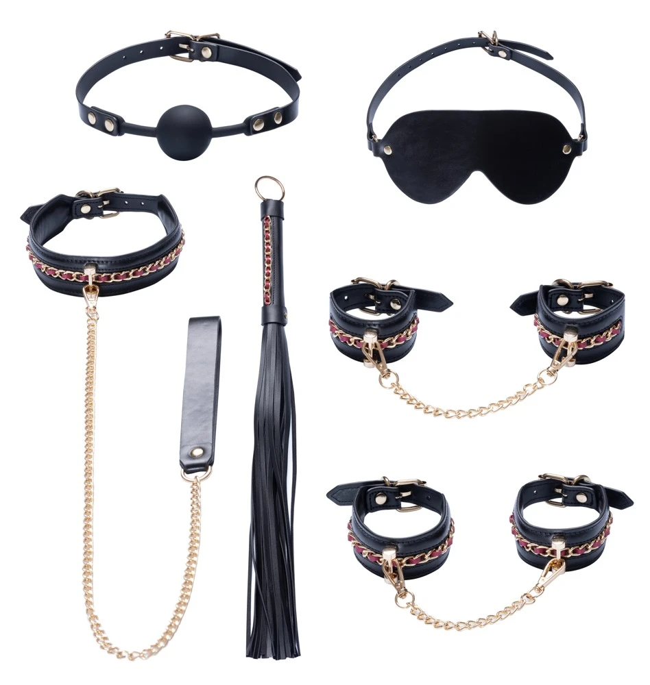 6-teiliges Bondage-Set von Bad Kitty aus schwarzem Lederimitat mit goldfarbenen Accessoires und roten Akzenten für stilvolle Fesselspiele