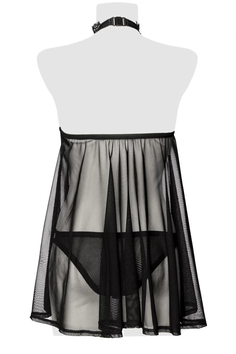 Schwarzes Negligé 20026 – edles Netzkleid mit floraler Häkelspitze, verstellbaren Bändern und passendem String für verführerische Nächte von Grey Velvet