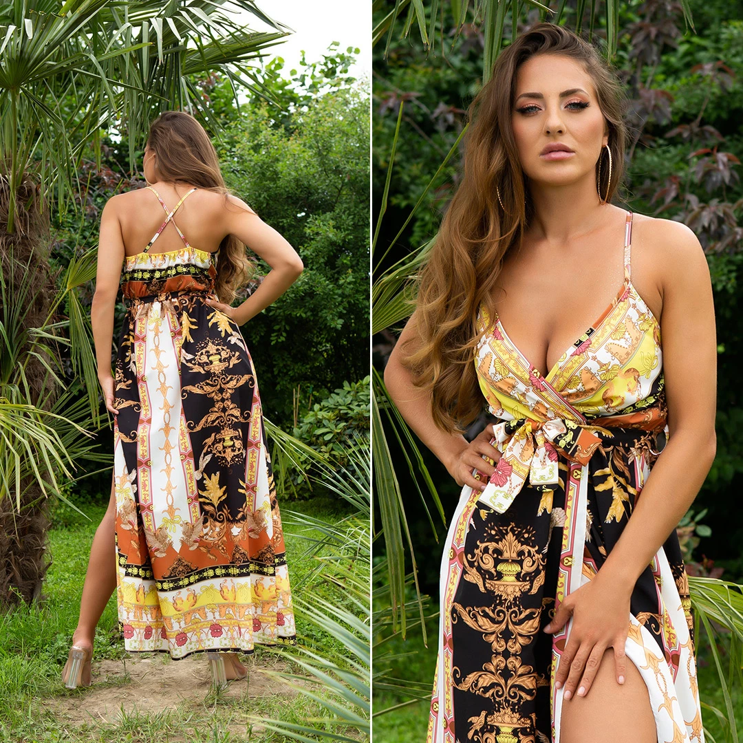 Luxury Seiden Look Maxi Träger Kleid mit Beinschlitz und Gürtel Luxury Seiden Look Maxi Träger Kleid mit Beinschlitz und Gürtel