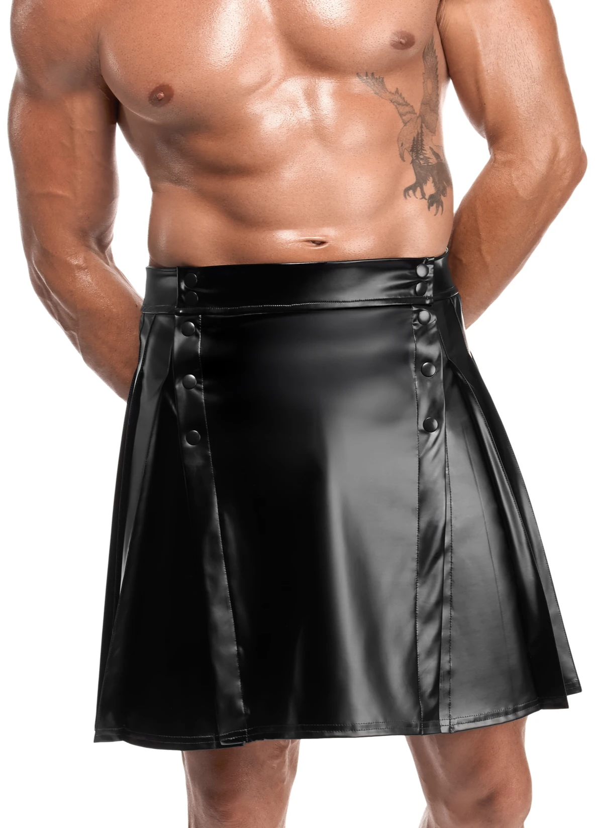 Schwarzer Herren Rock Valor H090 Powerwetlook mit Druckknöpfen vorne, zwei Gehschlitzen, dehnbar, knielang, markanter Kinky Style mit weichem Innenfutter von Noir Handmade Men