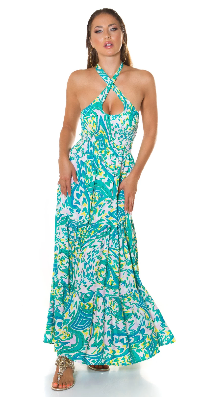 Coloured Maxi Neckholder Viskose Kleid mit Cutout