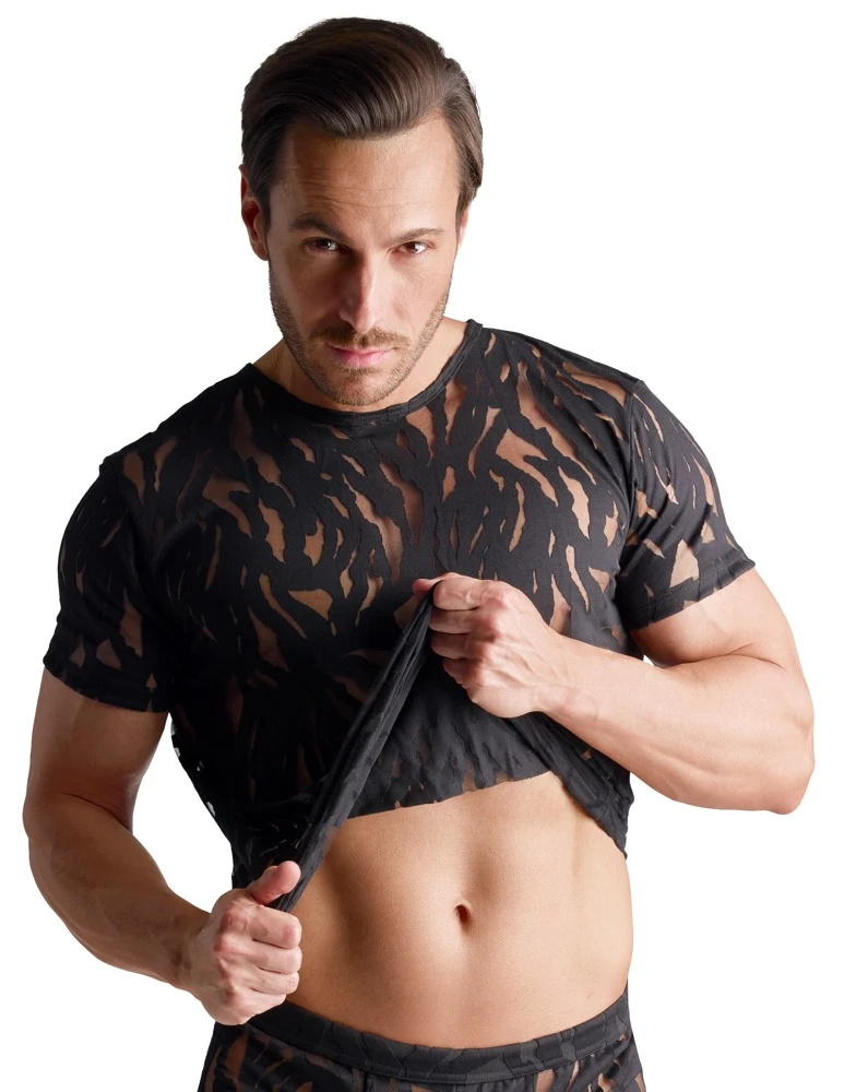 Herren Kurzarm-Shirt schwarz Ausbrenner-Optik transparent weich elastisch figurbetont stylisch anschmiegsam mit Wow-Effekt von Svenjoyment
