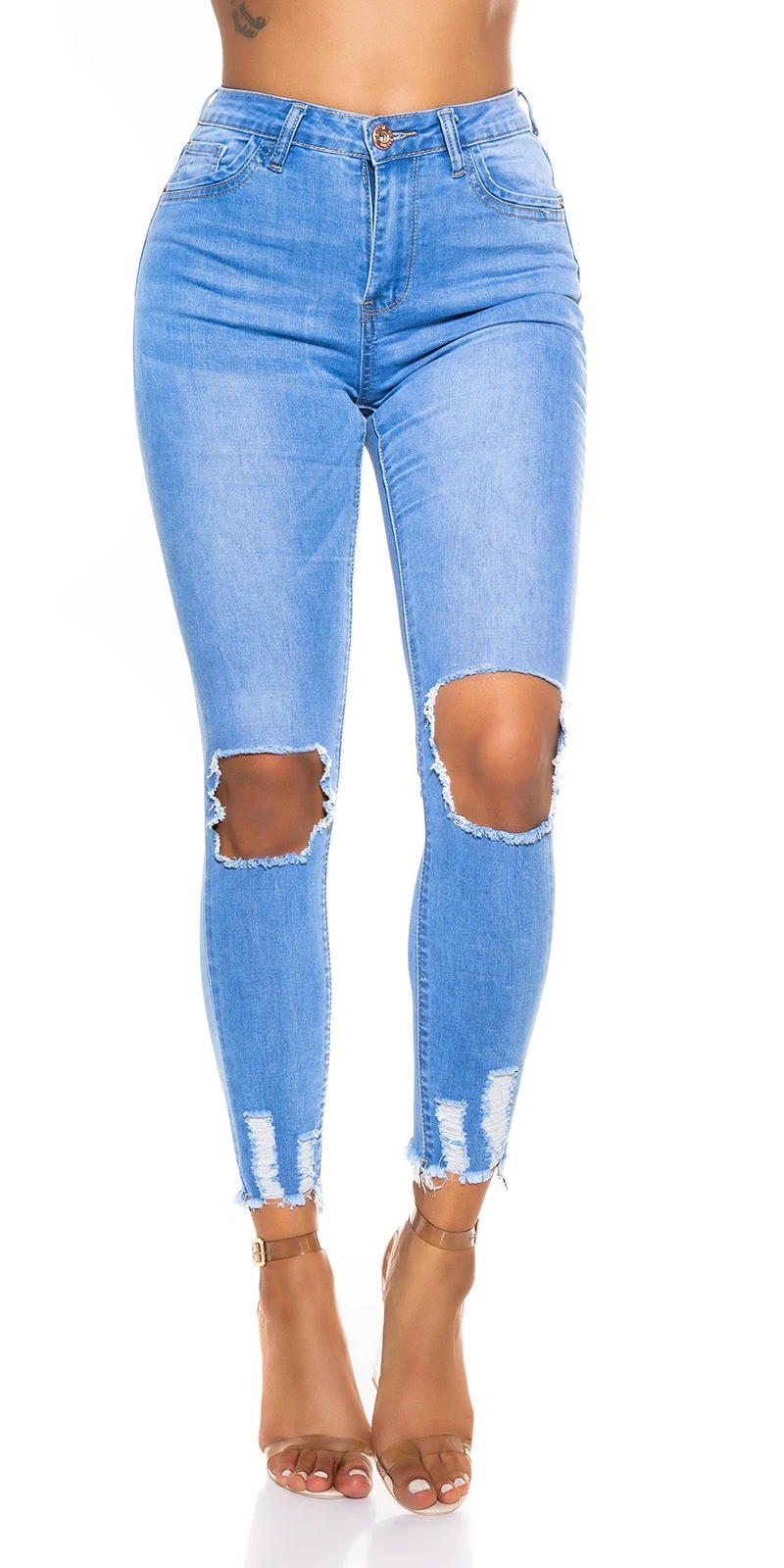 Destroyed Skinny High Waist Jeans mit XL Knie Löcher Destroyed Skinny High Waist Jeans mit XL Knie Löcher