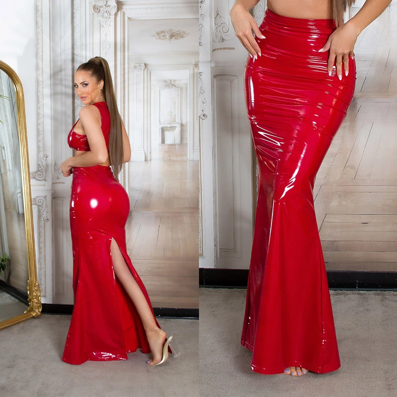 Glossy Latex Look Maxi Rock im High Waist-Style Glossy Latex Look Maxi Rock im High Waist-Style