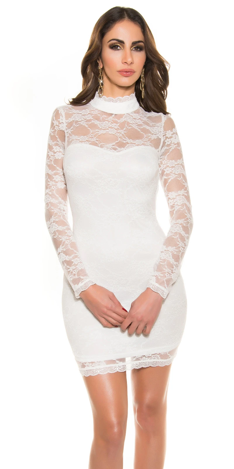 Turtle Neck Spitzen Langarm Minikleid mit Rücken-Cutout Turtle Neck Spitzen Langarm Minikleid mit Rücken-Cutout