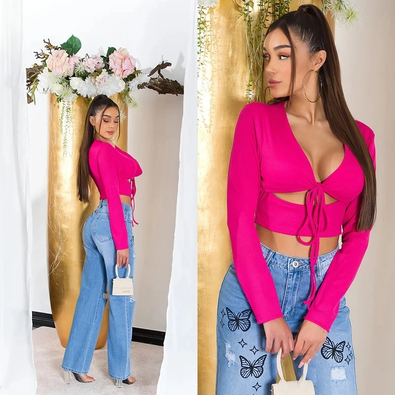 V-Neck Langarm Crop Top mit Deko Schnürung und Cutout