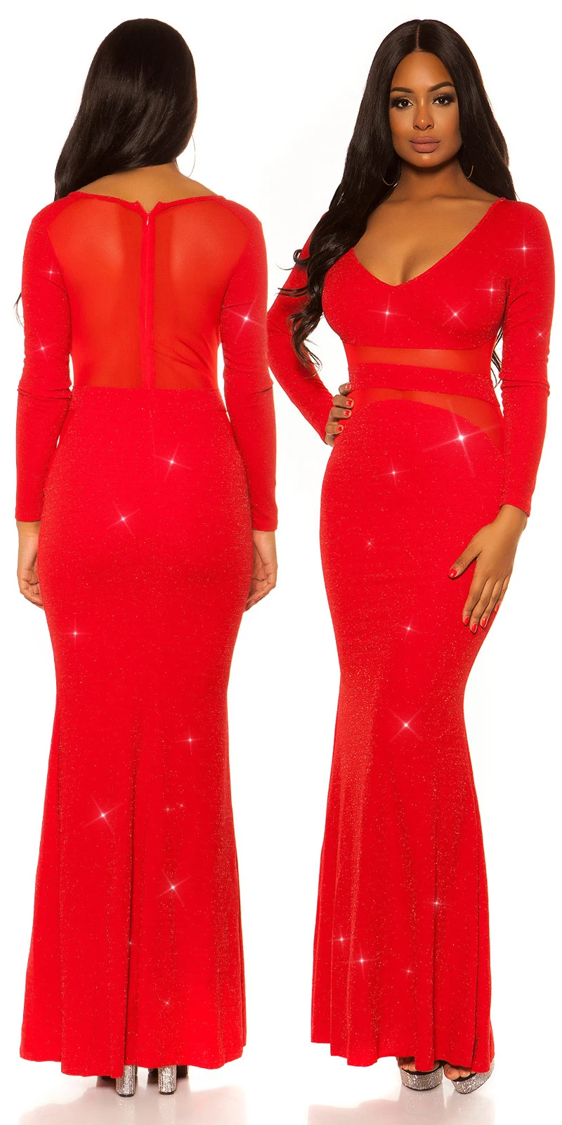 Glitter  V-Neck Cocktail Kleid mit Mesh-Einsatz