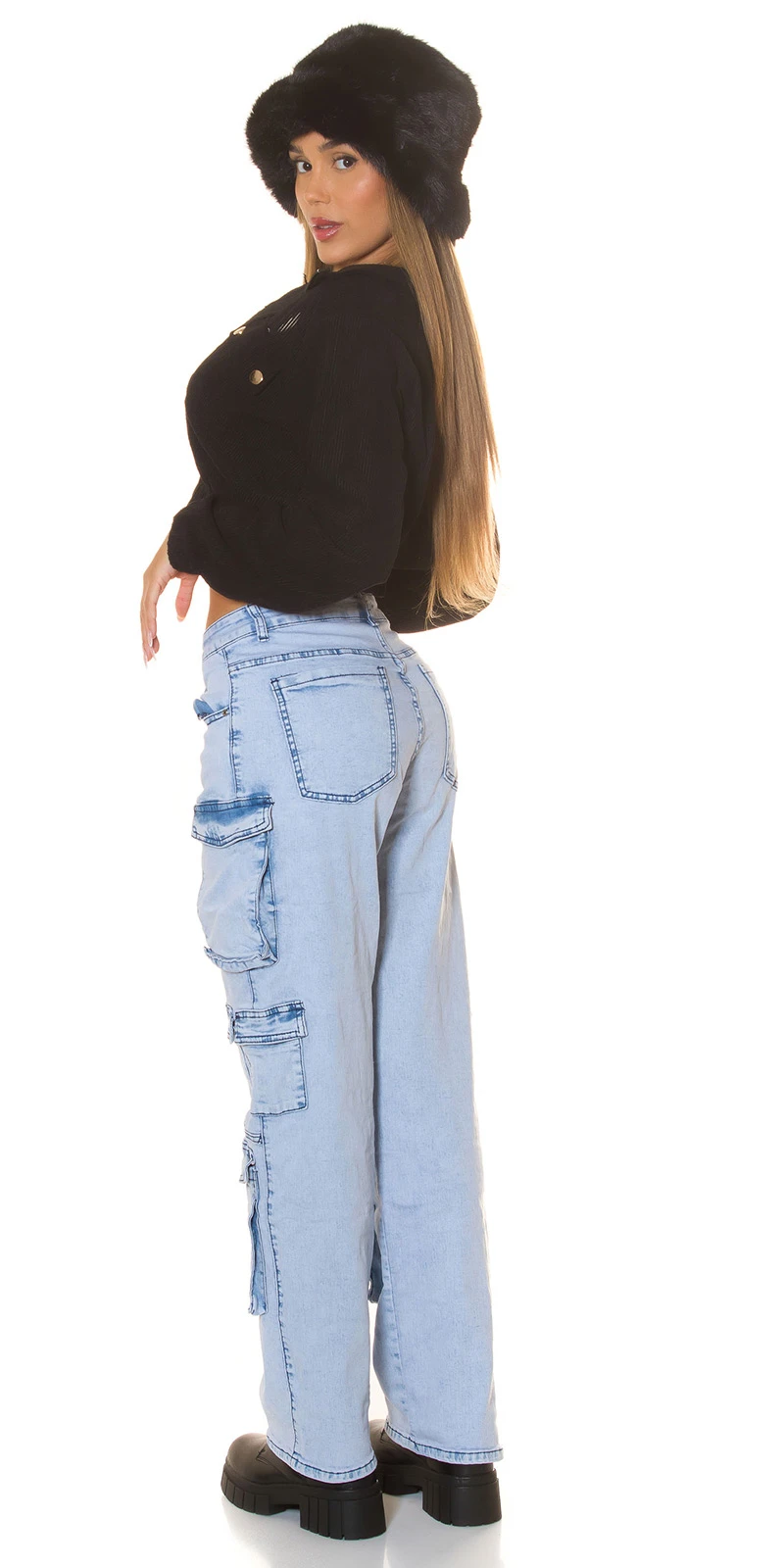 Light Denim Cargo Jeans Lightwashed High Waist Hose, Jeanshose Gerade Breites Bein Light Denim Cargo Jeans Lightwashed High Waist Hose, Jeanshose Gerade Breites Bein