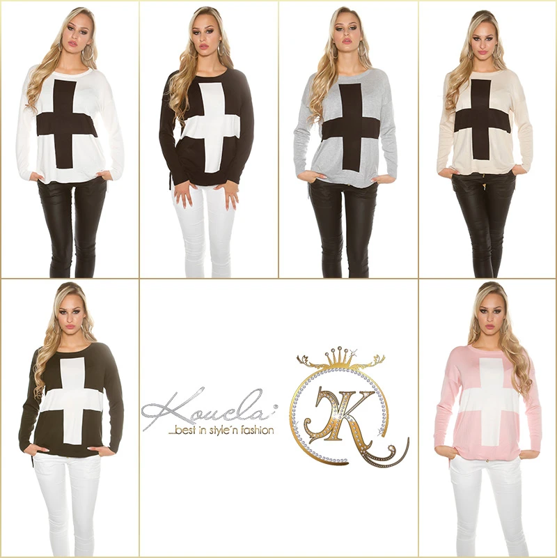 Casual Feinstrick Jumper Pullover mit Kreuz-Print
