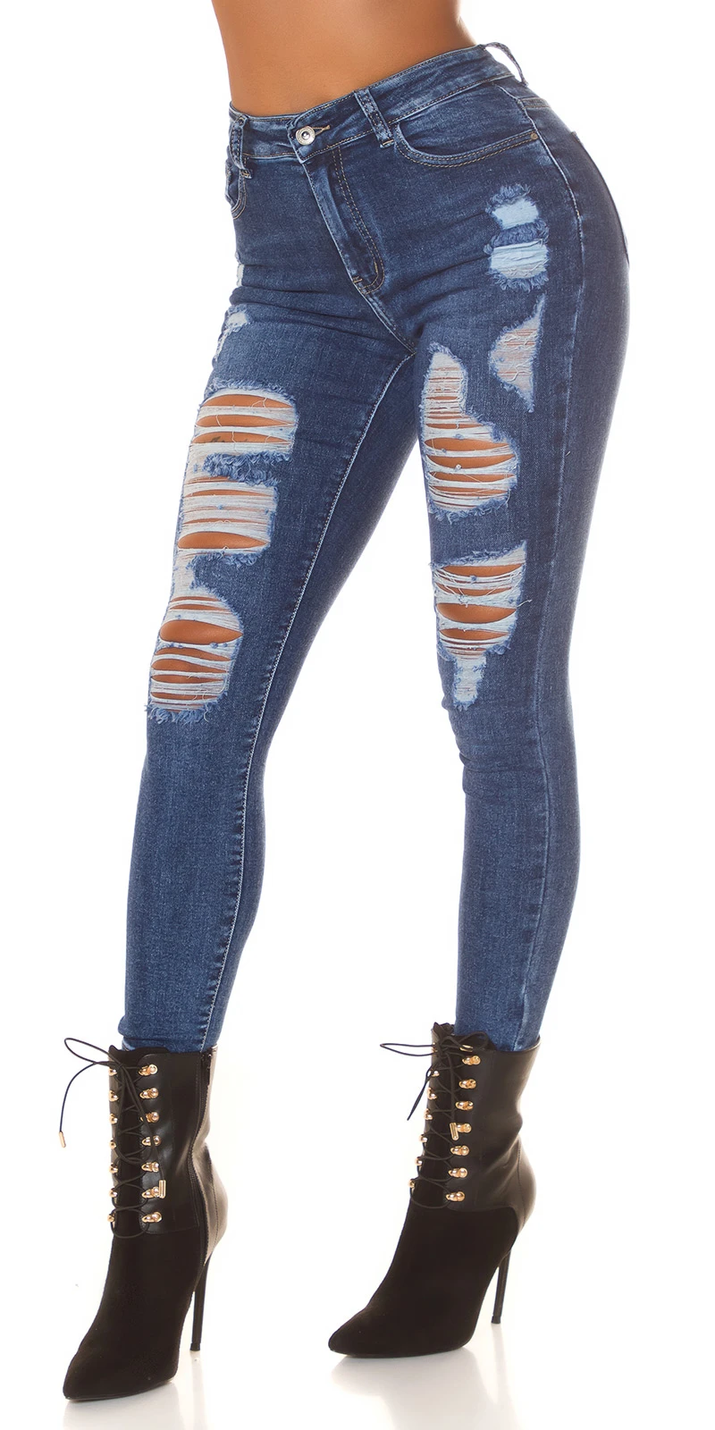 Dark Denim Destroyed Skinny High Waist Jeans mit Löcher Dark Denim Destroyed Skinny High Waist Jeans mit Löcher