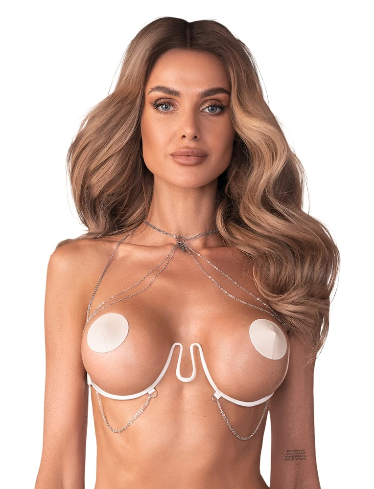 Bügel-BH Harness im Ouvert-Design von Obsessive mit verstellbarem Kettchen-Neckholder, Schmuck im Dekolleté und schwingenden Kettchen