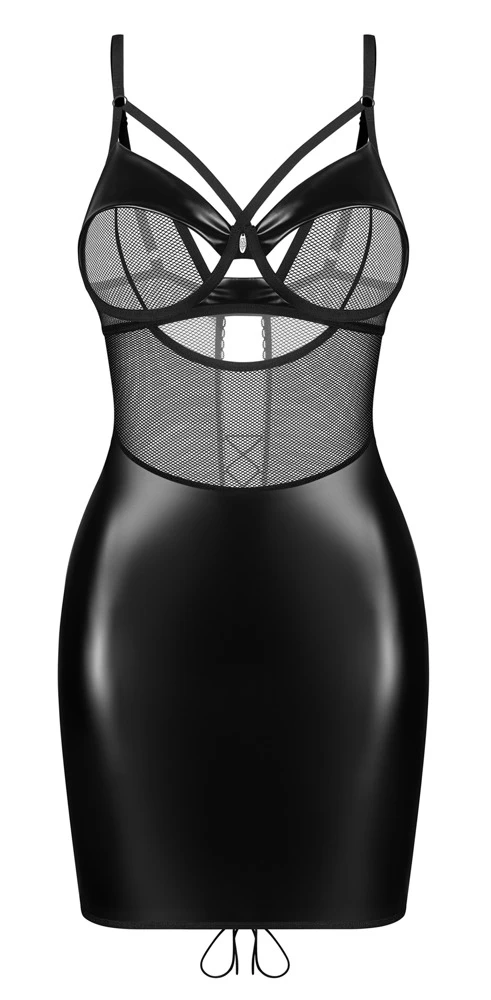 Set Dominna von Obsessive im mixstarken Zusammenspiel aus Wetlook und feinem Netz mit extravaganten Bügel-Cups und verführerischer Rückenschnürung