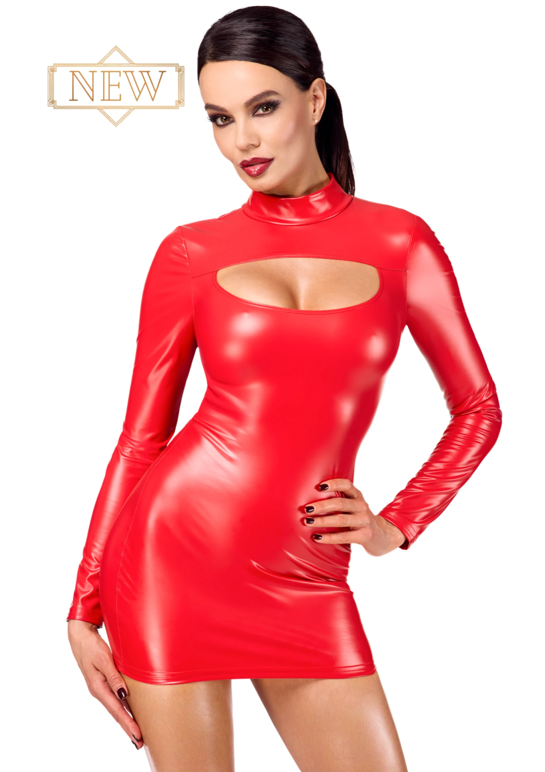 Minikleid Kinky Bombshell Bodycon aus rotem Powerwetlook mit Schlüsselloch-Ausschnitt, langem Ärmel, Stehkragen und verdecktem Reißverschluss – figurbetontes Statement-Piece von Noir Handmade F367