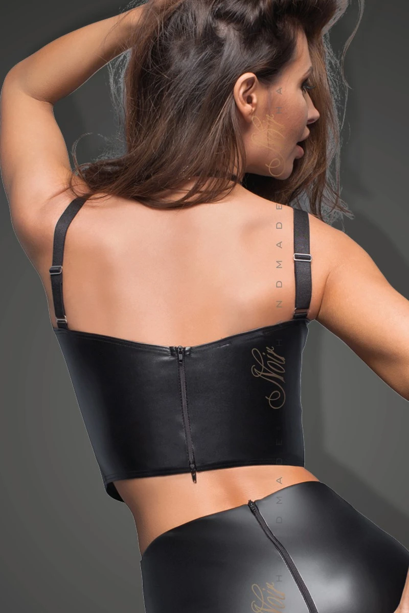 Schwarzes Kunstleder Top mit dekorativen Bändern F170