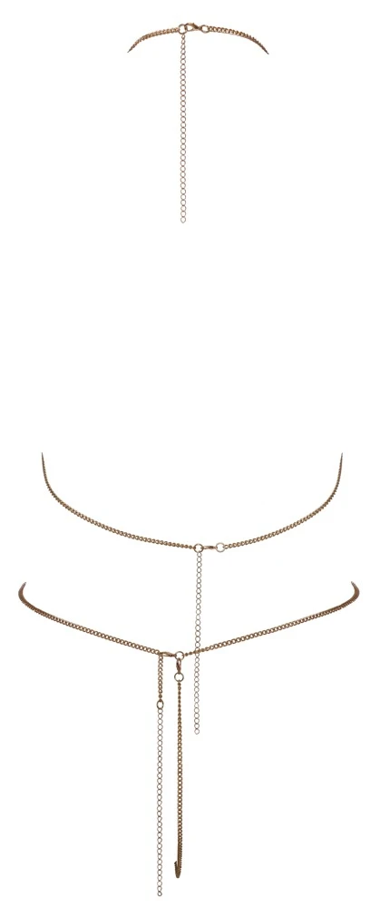 Goldfarbener Ketten-Bikini von Cottelli ACCESSOIRES mit BH und String. Schillernde Strasskettchen über Brüsten und Schambereich. Goldfarbener Ketten-Bikini von Cottelli ACCESSOIRES mit BH und String. Schillernde Strasskettchen über Brüsten und Schambereich.