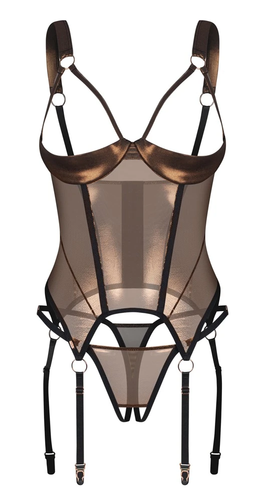 Soranna Strapshemd Set in Bronze mit Hebe-Cups & Ouvert-String – semitransparent, elastisch, sinnliche Details von Obsessive