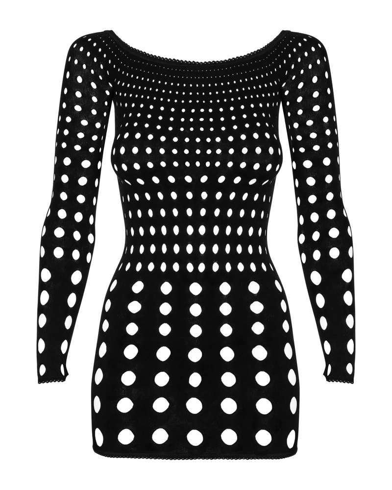Obsessive Kurzes enges Kleid mit langem Arm, rundum extravagante Loch-Optik. Anschmiegsam weich und elastisch für hohen Tragekomfort.