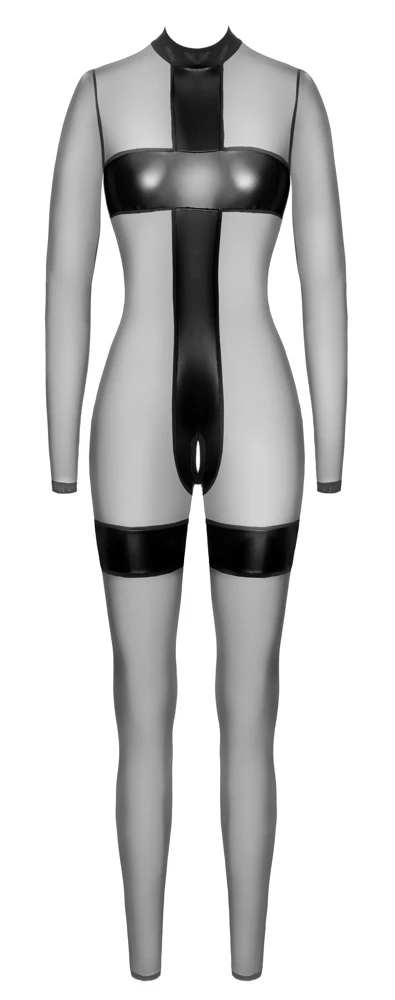 Noir Handmade Transparenter Ouvert-Overall mit blickdichten Powerwetlook-Einsätzen, langen Ärmeln und Beinen, Strumpfbändern und offenem Schritt