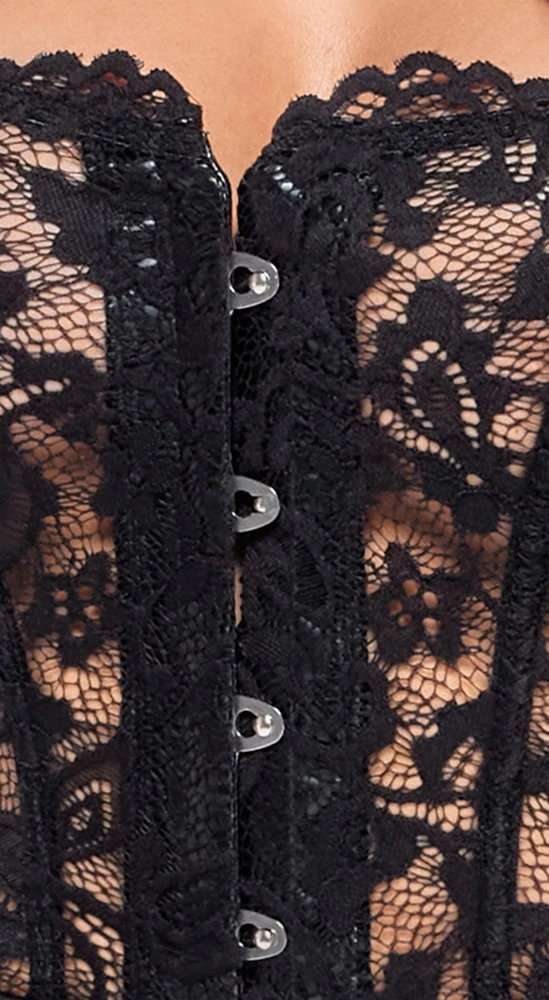 Trägerloses Corsagenkleid Corsagen-Oberteil aus zarter Spitze, Rockteil im Powerwetlook