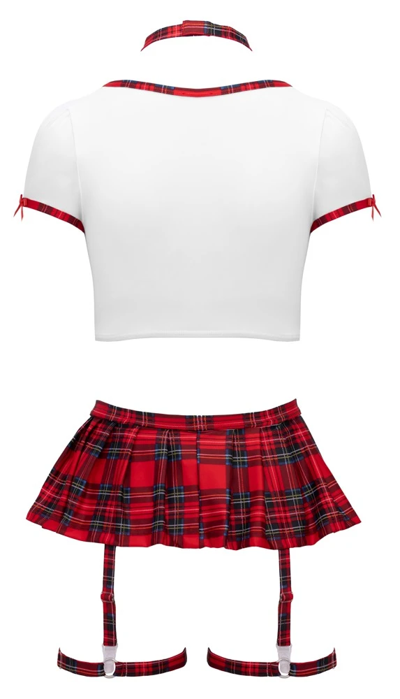 Schuluniform Kostüm 4-teilig bauchfrei mit Straps-Rock Halsband String Karo-Look verstellbare Strapse Damen – Cottelli COSTUMES