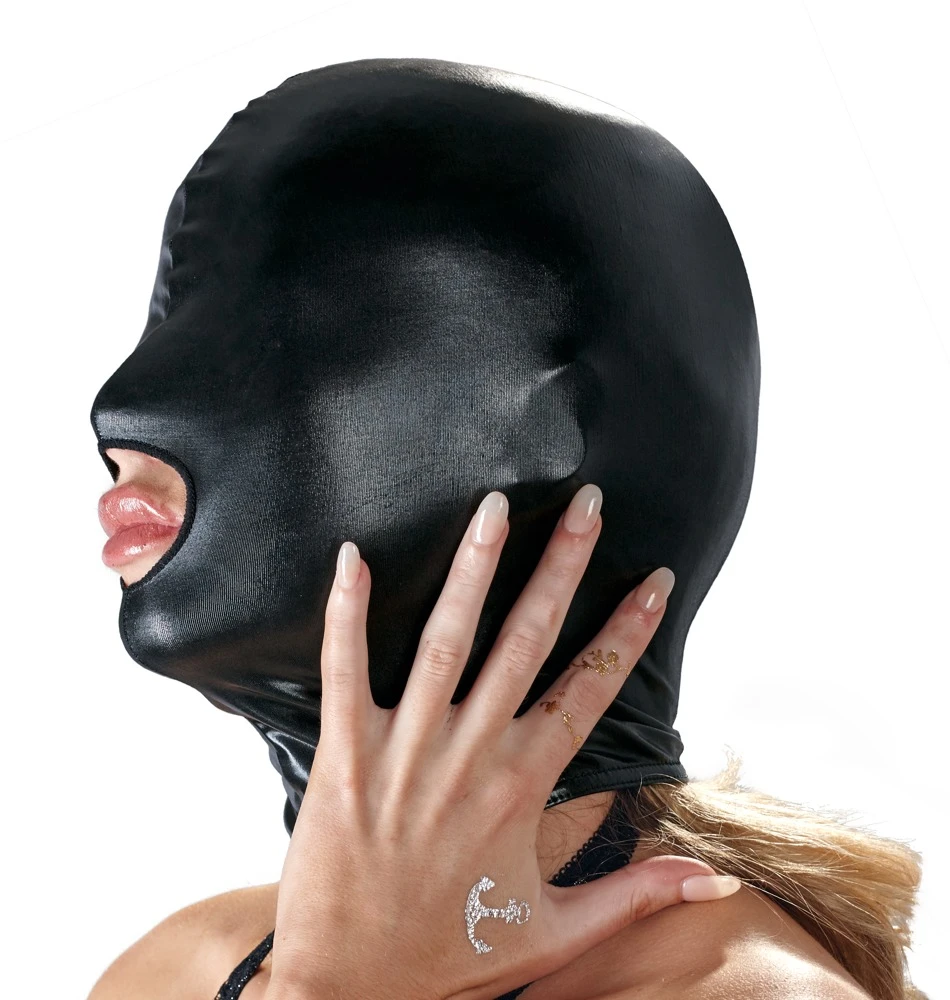 Bad Kitty Eng anliegende Kopfmaske im schwarzen, hochglänzenden Wetlook.
