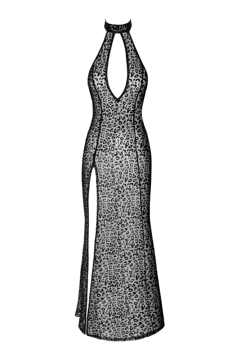 F288 Langes Flockkleid im Leoparden-Look mit Schlitz von Noir Handmade