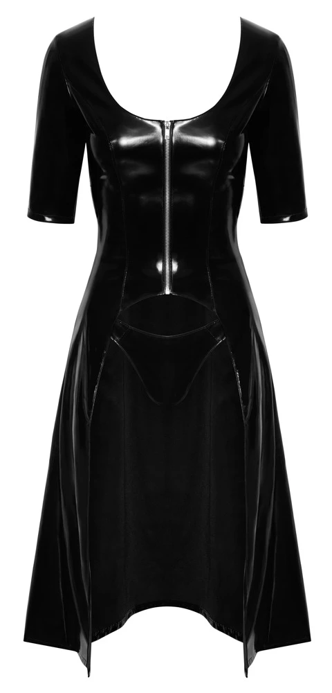 Black Level Kinky Lack-Set: A-Linien-Mantelkleid mit Reißverschluss und passendem Riostring für eine elegante Silhouette, Body Kleid